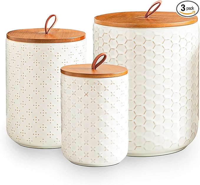 JOJUNO White Ceramic Canister Set with Wooden Lids – 3-Piece Airtight Food Storage Jars for Kitchen, Embossed Design, Small/Medium/Large Sizes (30/48/82 oz) – Flour, Sugar, Coffee, Tea Containers-Ruum Studio Home