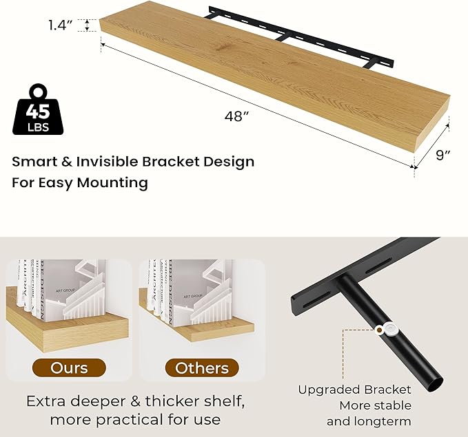 48 inch Floating Shelves for Wall Large Wall Mounted Shelves with Invisible Brackets, Oak Long Shelves for Bathroom, Living Room, Kitchen, Office, 48x9.1 inch deep Set of 2-Ruum Studio Home