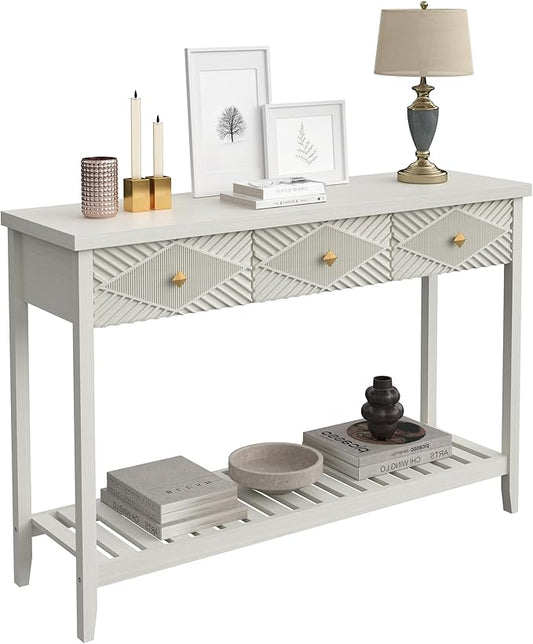 47" Fluted Console Table with 3 Drawers, Narrow Long Entryway Table with Storage Shelf, Sofa Tables for Entryway, Living Room, Behind Couch, Foyer, Hallway, Office (Beige)-Ruum Studio Home