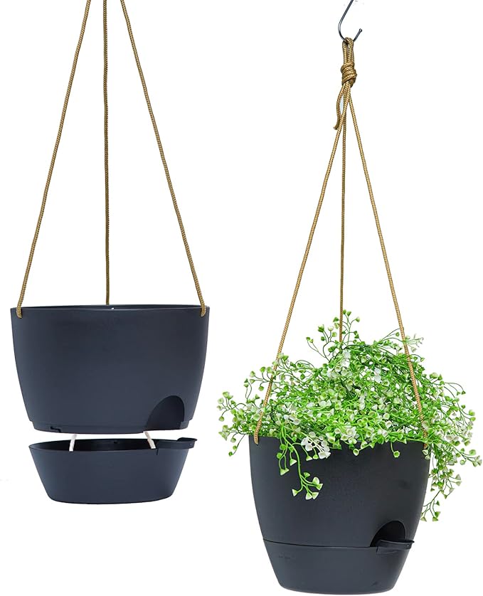 8 inch Hanging Planters, 2 Pack Self Watering Hanging Pots with 20oZ Deep Reservoir for Indoor Outdoor Plants Flowers, Black-Ruum Studio Home