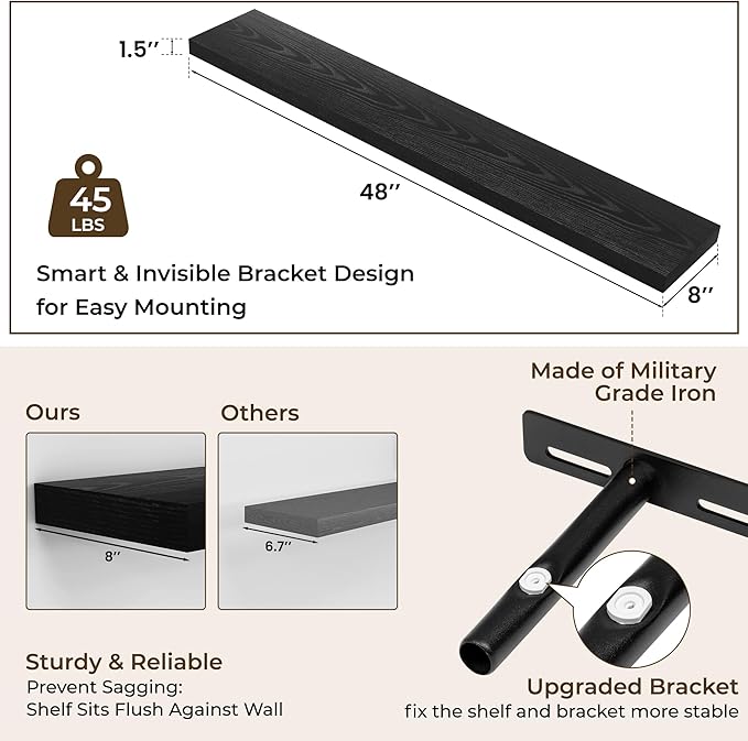 RICHFOCUS 48Inch Floating Shelves for Wall 2 Pack Shelves for Bedroom|Kitchen|Bathroom Wall Mounted Rustic Wood Floating Shelf with Invisible Brackets for Books|Storage|Decor, Black-Ruum Studio Home