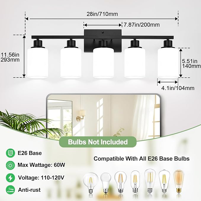 5-Light Black Bathroom Vanity Light Fixture with Milky White Frosted Glass Shades, Bathroom Light Fixture for Mirror, Matte Finish, Reversible Up/Down Lighting for Bedroom, Living Room, Hallway-Ruum Studio Home