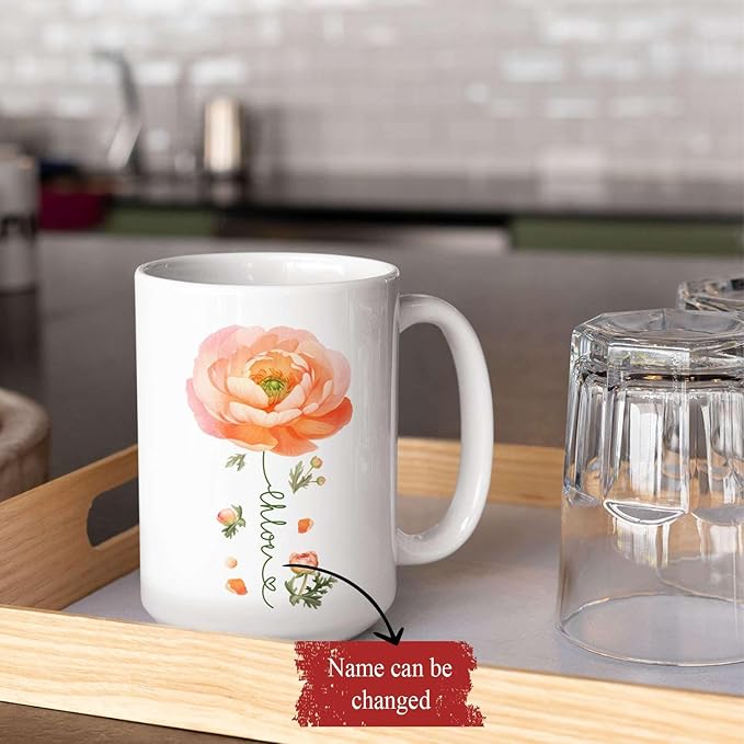 Ranunculus Lover Accent Mug, Novelty Flower Themed Coffee Cup 11oz 15oz, Customized Ranunculus Floral Mug With Name, Personalized Flower Decorative Cup, Gift For Birthday-Ruum Studio Home