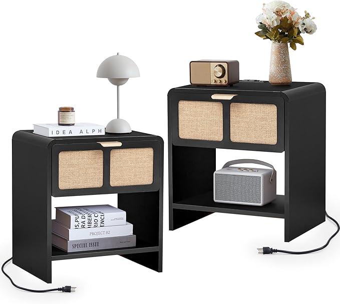 LEVNARY Nightstand with Charging Station, Mid-Century Modern Bedside Table with Curved Top Corners and Fabric-Like Textured Drawer, Wooden End Table for Farmhouse Bedroom Living Room (1, Black)-Ruum Studio Home