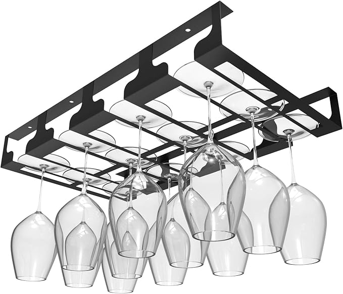 Wine Glass Rack - Under Cabinet Stemware Wine Glass Holder Glasses Storage Hanger Metal Hanging Organizer for Bar Kitchen 4 Rows Black-Ruum Studio Home