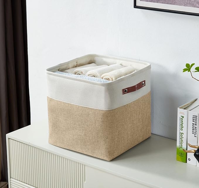 DECOMOMO Storage Cubes, 11x11 Cube Storage Bins, Baskets for Shelves (Beige & White, Cube 11" - 4 Pack)-Ruum Studio Home
