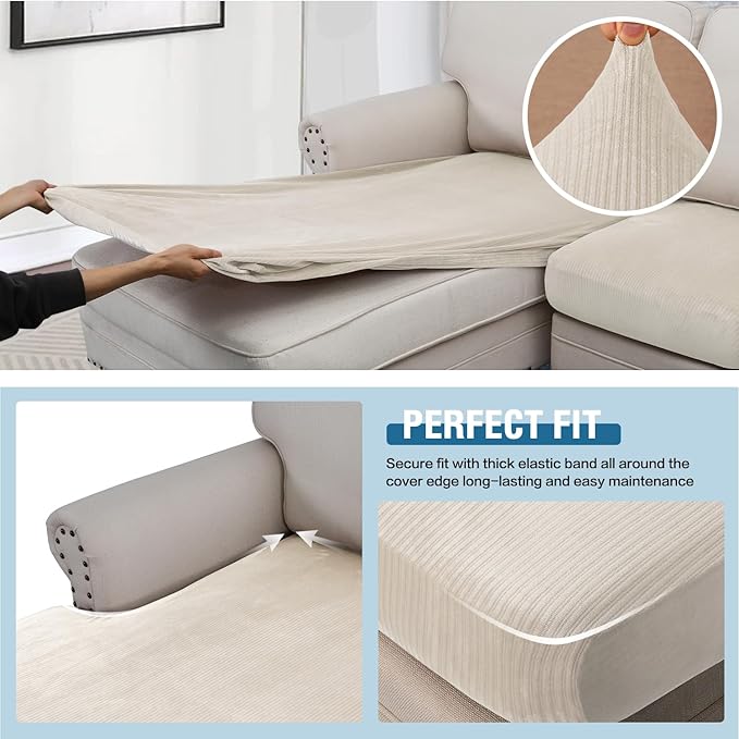 H.VERSAILTEX Velvet Stretch Sectional Couch Covers 3 Pieces, L Shape, Ivory Striped (Large Sofa 2 Seater + 1 Chaise)-Ruum Studio Home