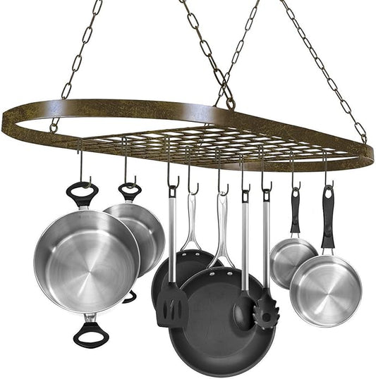 Sorbus® Pot and Pan Rack for Ceiling with Hooks — Decorative Oval Mounted Storage Rack — Multi-Purpose Organizer for Home, Restaurant, Kitchen Cookware, Utensils, Books, Household (Rustic)-Ruum Studio Home