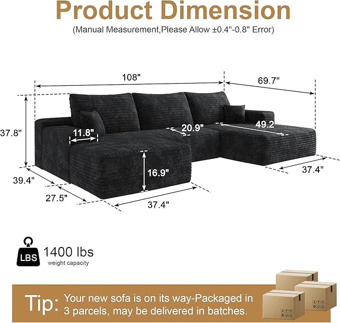 108" Sectional Couches for Living Room Modern Modular Sofa with L-Shape Couchs Upholstered Boneless Couch Deep Seat Sectional Couch with Chaise (Black, Right Facing Chaise+2Seaters+1Ottoman)-Ruum Studio Home