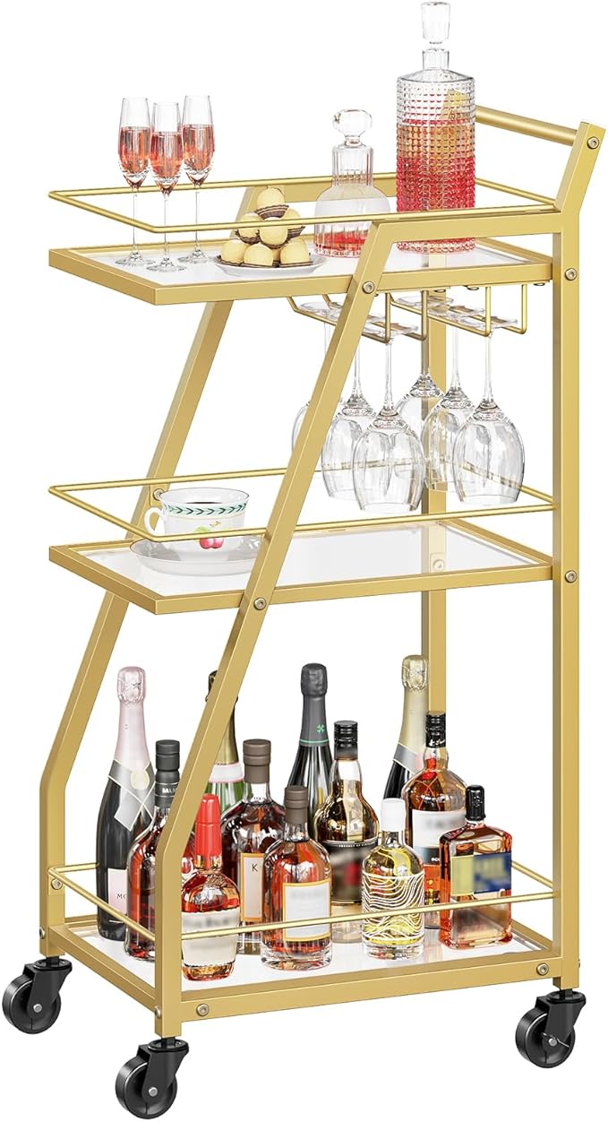 Bar Cart, 3-Tier Bar Cart for The Home, Home Bar Serving Cart with Glass Holders, Beverage Cart for Kitchen, Dining, Party Room, Gold BC03GD-Ruum Studio Home