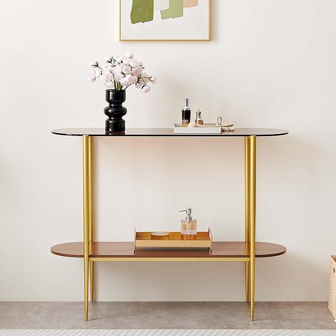 Oval Glass Console Table for Living Room, Foyer & Entrance, 2-Tiers Mid-Century Modern Sofa Table with Amber Glass Top, Walnut Finish Wood Top and Gold Finish Metal Frame-Ruum Studio Home