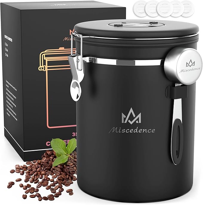 35OZ Coffee Canister for ground coffee with Date Tracker,One Way Co2 Valve 304 Stainless Steel Kitchen Food Airtight storage container for Coffee Beans or Grounds, Sugar Black-Ruum Studio Home