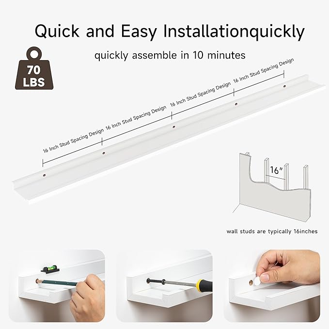 Floating Picture Ledge Shelves for Wall Set of 2, 84 Inches Picture Ledge Shelf with Long Large Nursery Book Shelf for Toys Storage Kids Bookshelf Wall Mounted Living Room Bedroom Decor Frames, White-Ruum Studio Home