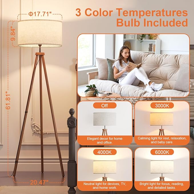 LiteHistory Wood Tripod Floor Lamps for Living Room, Bedroom, and Office,Standing lamp with Beige Linen Shade, 12W Three-Color Bulb Included, Pull Chain Switch, Tall lamp for Mothers Day Gifts, Brown-Ruum Studio Home