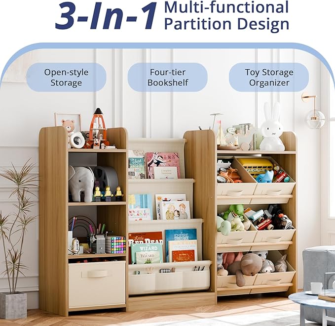 Kids Toy Book Storage Organizer - Large Bookshelf with 7 Removable Bins, Baby Bookshelf and Toy Storage, 4-Tier Book Shelf for Kids Room, Playroom, Classroom, 51 inch, Burlywood-Ruum Studio Home