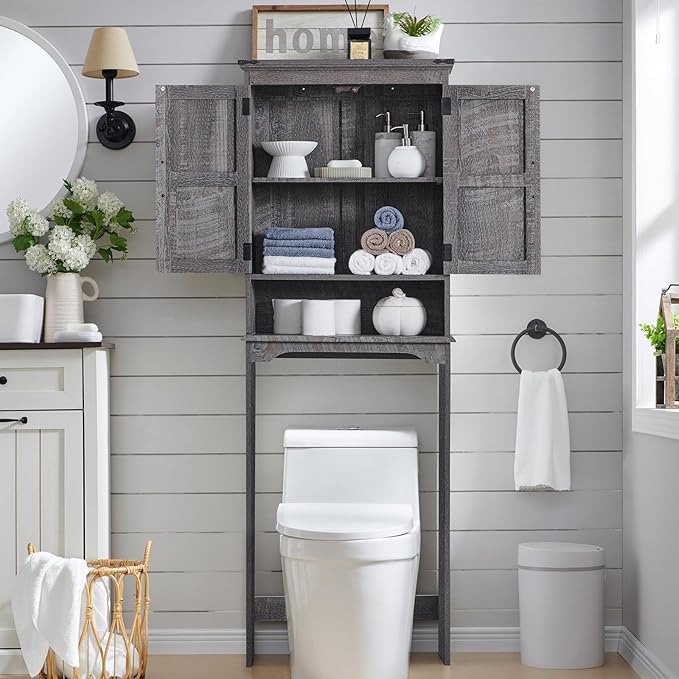 Over The Toilet Storage Cabinet, Farmhouse Bathroom Cabinet with Adjustable Shelf & Barn Door, 67" Tall Over The Toilet Shelf, Grey Wash-Ruum Studio Home