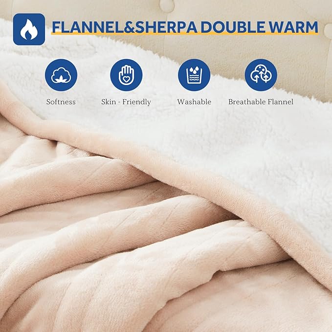 Sealy Electric Blanket Queen 84"*90",Super Cozy Flannel to Sherpa Reversible Heated Blanket Queen Size with 10 Heating Levels & 1-12 Hours Auto Off Overheating Protection Machine Washable,Beige-Ruum Studio Home