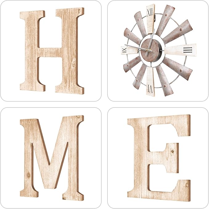 Farmhouse Home Signs with Windmill Clock Wall Decor Rustic Home Letters Wall Art for Living Room Kitchen Entryway Dining Room Bedroom (water-white)-Ruum Studio Home