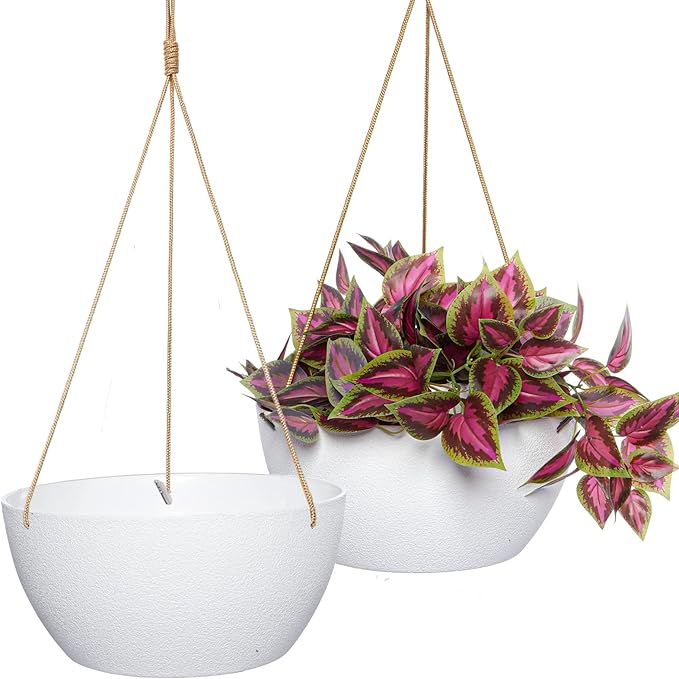 12 Inch 2 Pack Large Hanging Planters for Indoor Outdoor Plants, Plastic Hanging Basket Pots for House Plants Flowers, White-Ruum Studio Home