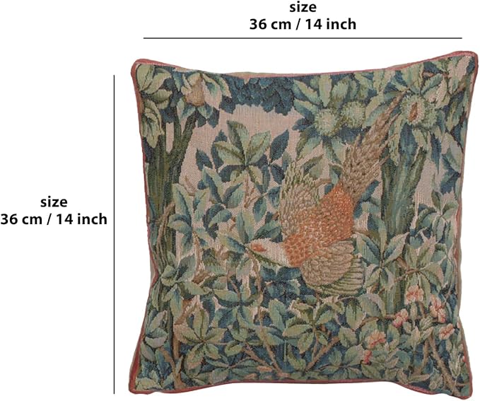 Charlotte Home Furnishings Decorative Tapestry Pillow Cover 14x14 in, Green Pheasant Couch Throw Pillow Cover, French Country Square Cushion Cases for Bed Room Home Decor, Soft Cotton Jacquard Woven-Ruum Studio Home