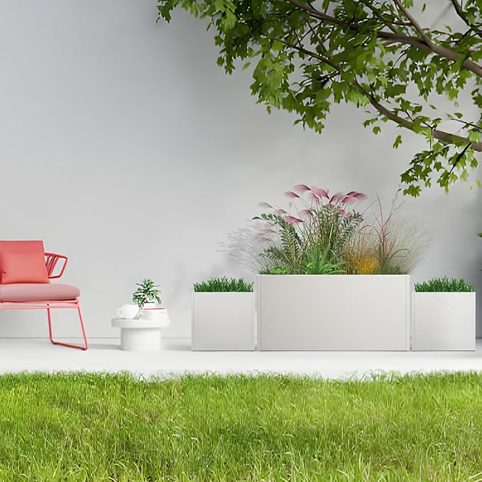 White Steel Planter Outdoor Indoor Planter Box Galvanized Steel Metal Large Planters Rectangular Flower Pot 31.5 In L x 16 In W x 16 In H Modern Commercial Residential for Trees Patio Deck Yard Garden-Ruum Studio Home