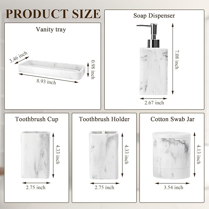 Bathroom Accessories Set, 6 Piece Bathroom Set with Toothbrush Holders, Soap Dispenser, Vanity Tray, Tumbler, Cotton Swab Jars, Bathroom Organizer，Bathroom Sink Sets, Artificial Marble White-Ruum Studio Home
