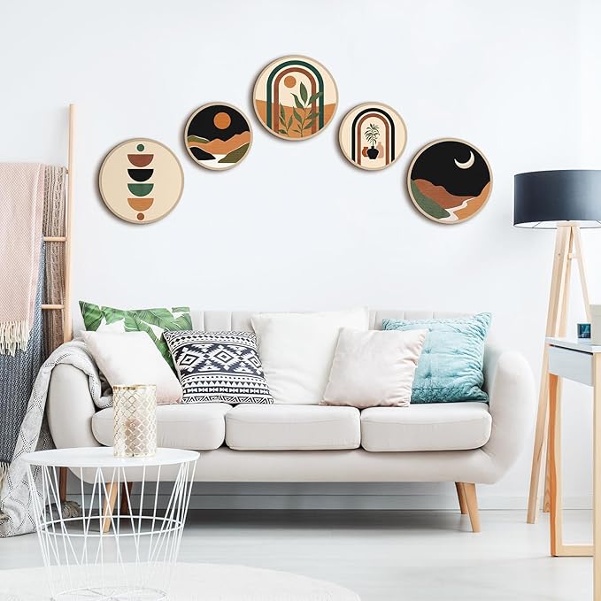 Qunclay 5 Pcs Wall Art Decor Wooden Living Room Wall Decor Bohemian Hanging Farmhouse Geometric 10'' and 8'' Aesthetic Wood Minimalist Posters for Bedroom(Sunset)-Ruum Studio Home