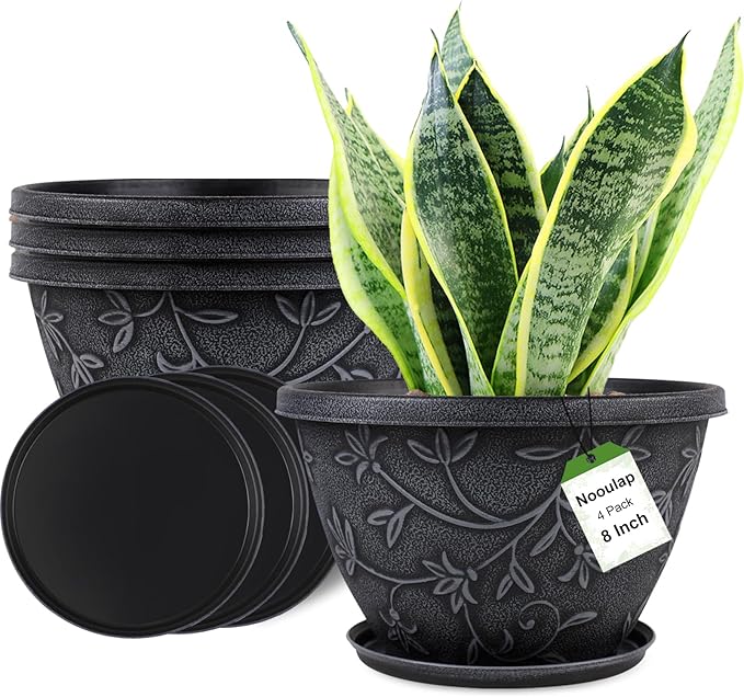 4 Pack 8 Inch Flower Pots for Outdoor Indoor, Plastic Plant Pots with Drainage Hole & Saucer, Lightweight Small Resin Flower Pot, Imitation Magnolia Pots for Garden House planters（Gray）-Ruum Studio Home