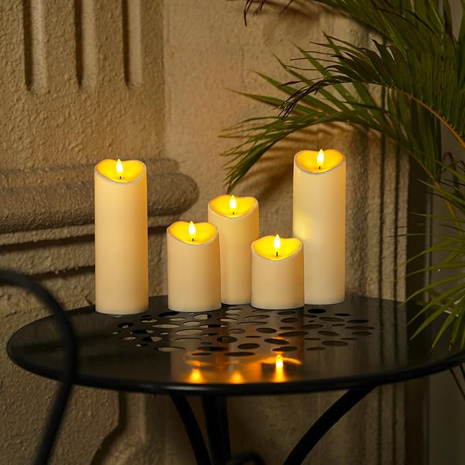 Homemory Outdoor Waterproof Flameless Candles, LED Candles, Battery Operated Candles with Remote and Timers, Electric Fake Plastic Pillar Candles, Dark Ivory, D3 H4 5" 6" 8" 8", Set of 5-Ruum Studio Home