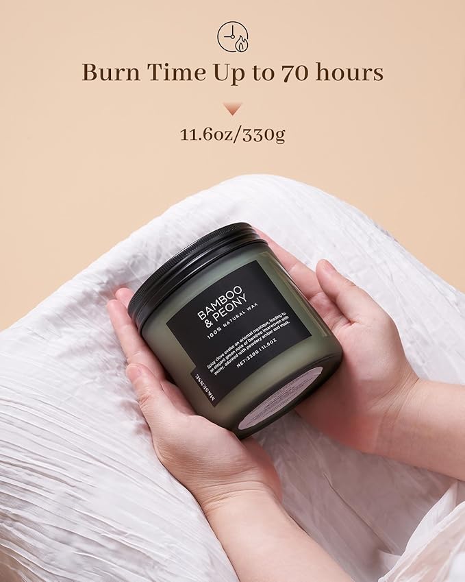 M&SENSE Bamboo Peony Scented Candle, 11.6oz Aromatherapy Jar Candle, 70 Hour Burn Time, Natural Soy Wax Blend, Stress Relief, Home Fragrance-Ruum Studio Home