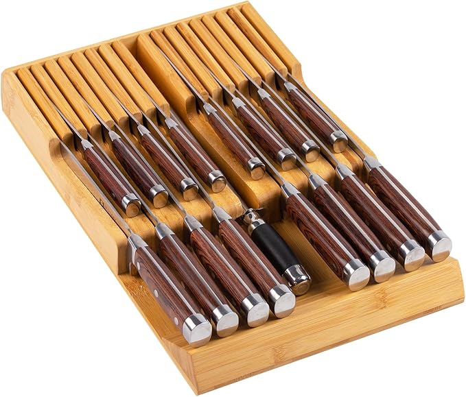 Bamboo Kitchen Drawer Knife Holder, In-drawer Knife Block, Knife Drawer Organizer fit for 16 knives and 1 steel sharpening-Ruum Studio Home