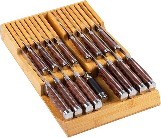 Bamboo Kitchen Drawer Knife Holder, In-drawer Knife Block, Knife Drawer Organizer fit for 16 knives and 1 steel sharpening-Ruum Studio Home