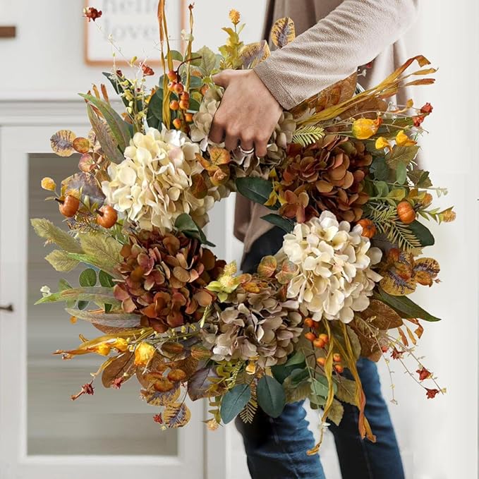 WANNA-CUL 24 Inch Fall Wreaths for Front Door with Hydrangea,Little Pumpkins-Fall Decorations for Home,Fall Door Wreath Decor for Autumn,Harvest, Halloween or Thanksgiving-Ruum Studio Home