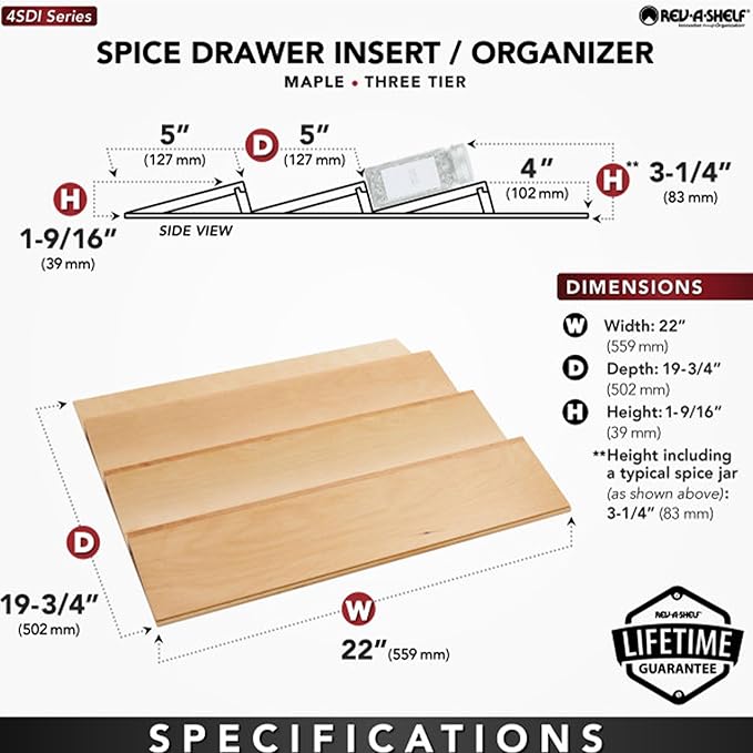 Rev-A-Shelf 22" 3 Tiered Seasoning Organizer, Trim-to-Fit Wooden Kitchen Draw and Cabinet Home Storage Insert, Pull Out Spice Rack, Maple, 4SDI-24-Ruum Studio Home