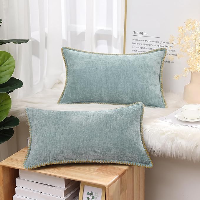 decorUhome Chenille Soft Throw Pillow Covers 12x20 Set of 2, Lumbar Velvet Farmhouse Neutral Decorative Euro Pillow Covers with Stitched Edge for Couch Sofa Bed Home Decor, Aqua Haze-Ruum Studio Home