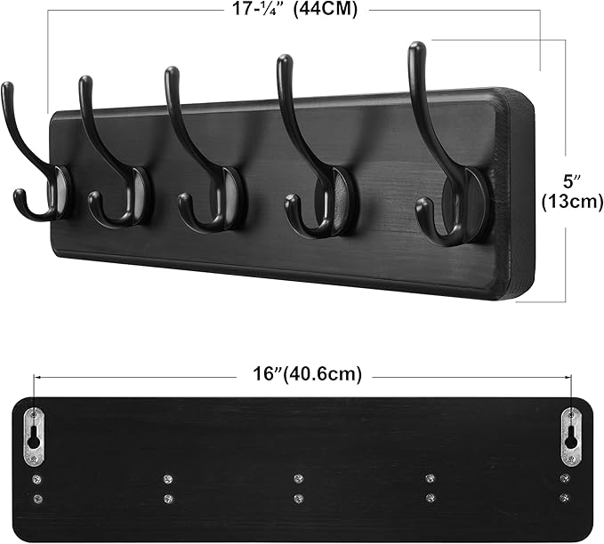 SKOLOO Rustic Wall Mounted Coat Rack, Case of 2, Pine Solid Wood Coat Hook Hanger - 5 Hooks for Hanging Clothes Robes Towels Coats-Ruum Studio Home