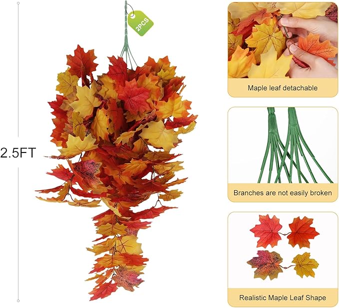 Fall Maple Leaf Hanging Plants Artificial Autumn Leaves Vines Outdoor Autumn Outdoor Decor, Artificial Fall Maple Leaves, Hanging Plants for Autumn Harvest Festival, Fake Plants Indoor(Yellow)-Ruum Studio Home