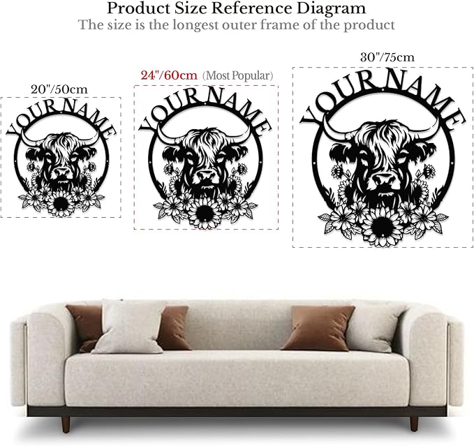 Personalized Highland Cow Name metal Signs,Custom Highland Cow Metal Shed Wall Decor,Black Metal Wall Art Plaques Outdoor wall Decorative Signage (Style H)-Ruum Studio Home