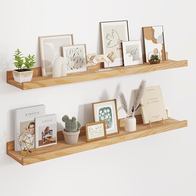 Floating Picture Ledge Shelves 36 Inch Solid Oak Wood Set of 2, Rustic Wall Storage Shelves with Lip, Kids Bookshelf, Photo & Picture Ledge Shelves for Bedroom, Living Room, Kitchen-Ruum Studio Home