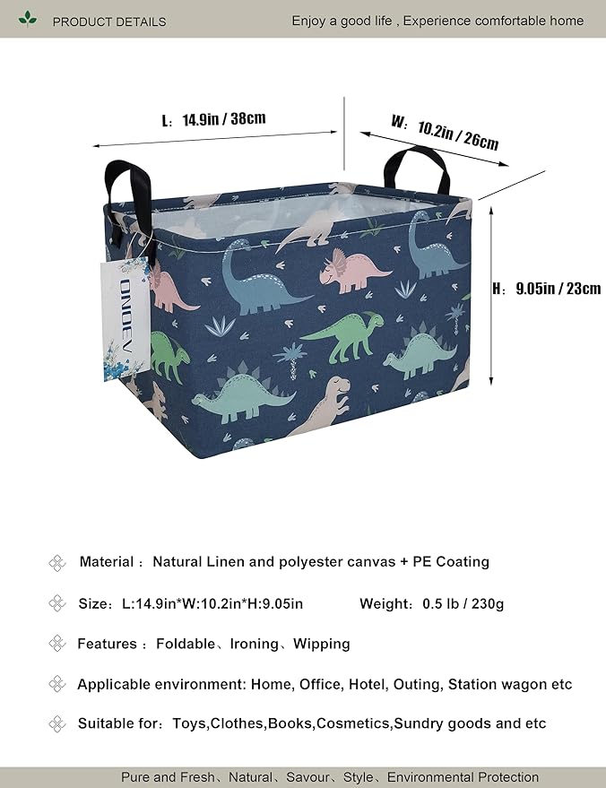 Rectangular waterproof laundry basket,foldable storage basket,laundry Hampers with handle,gift basket,suitable for children's room and toy storage (Blue Dinosaur)-Ruum Studio Home