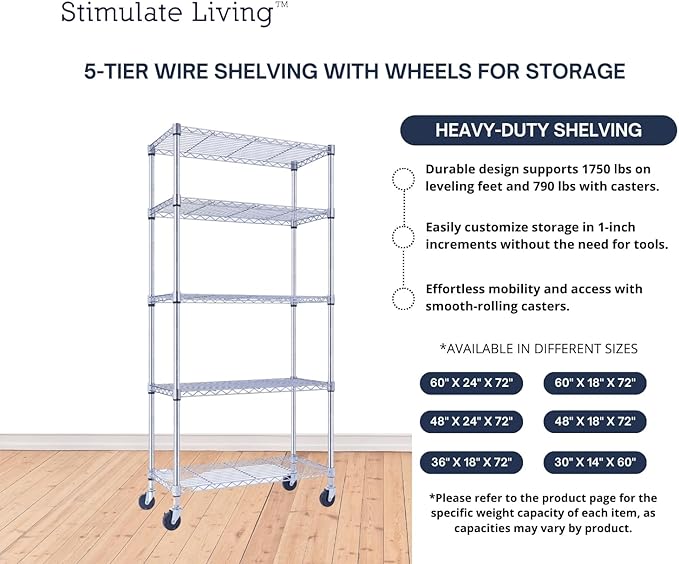30"x14"x60" PRIME HEAVY DUTY Chrome 5-Tier Wire Shelving 1,750 LBS MAX Capacity Storage Rack for Commercial, School, Home, Garage, Warehouse, Industrial, and Hospital Uses (with Wheels)-Ruum Studio Home