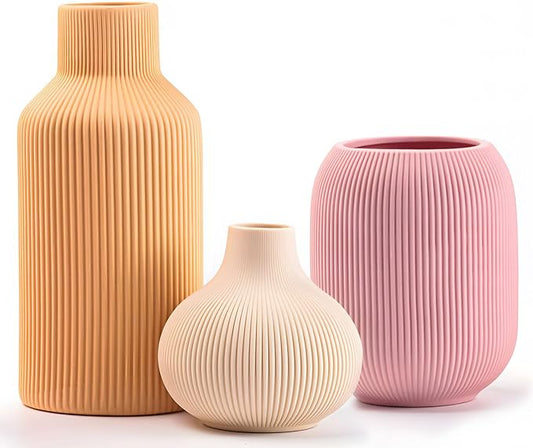 Ceramic Vase Set of 3, Vases Home Decor Modern Minimalist Decor Pottery Boho Vases for Pampas Grass Dried Fresh Flowers, Bookshelf, Shelf, Bedroom, Entryway Mantel Decor(Pink+Light Yellow+Orange)-Ruum Studio Home