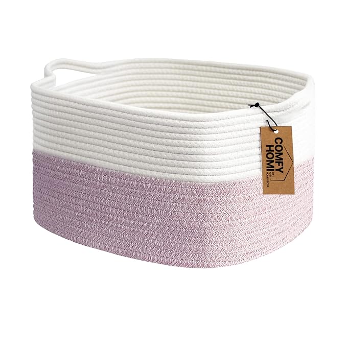 COMFY-HOMI Cotton Rope Woven Medium Basket with Handles for shelf，Cloth Storage Basket for Organizing-13.5X11X9.5 Storage Bin for Bedroom, Newborn or Infant Gift for boy girl （White/Pink）-Ruum Studio Home