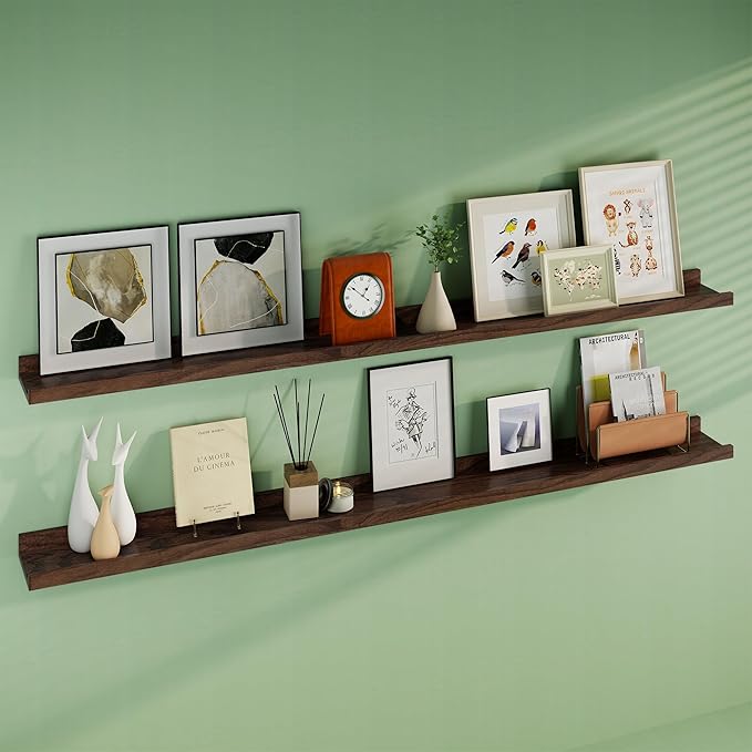 Floating Picture Ledge Shelves 72 Inch Solid Oak Wood Set of 2, Rustic Wall Storage Shelves with Lip, Kids Bookshelf, Photo & Picture Ledge Shelves for Bedroom, Living Room, Kitchen-Ruum Studio Home