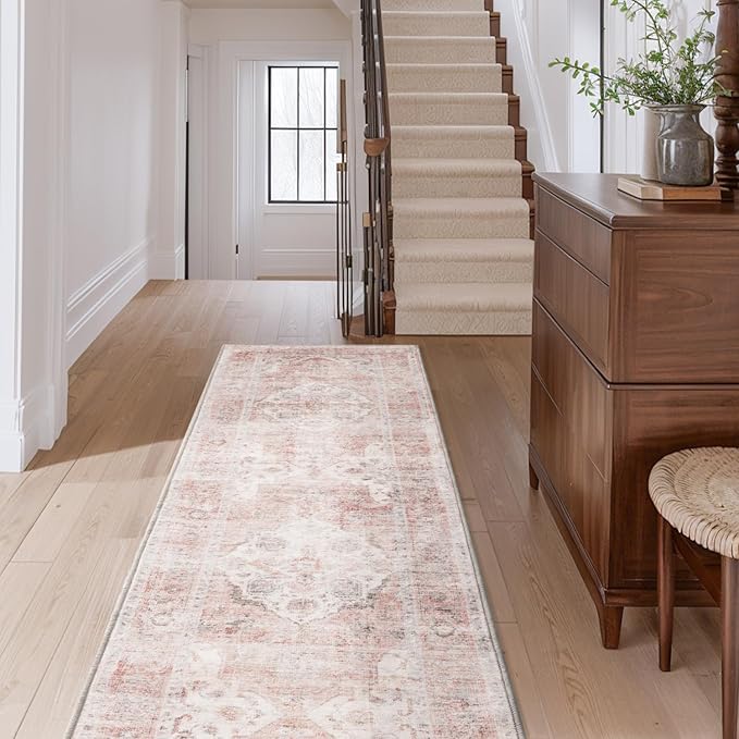 AMOAMI-2X6 Runner Rug-Washable Runners for Hallways-Soft Non Slip Bedside Rugs for Bedroom-Vintage Long Rug for Hallways Entryway Laundry Room Stair Kitchen Bathroom Pink-Ruum Studio Home