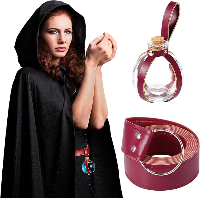 Boao Potion Bottles with Cork Set Dark Magic Cork Round Potion Bottle with Leather Belt Clear Glass Large for Halloween Costume Props DIY Crafts Decorative, 200 ml(Claret)-Ruum Studio Home