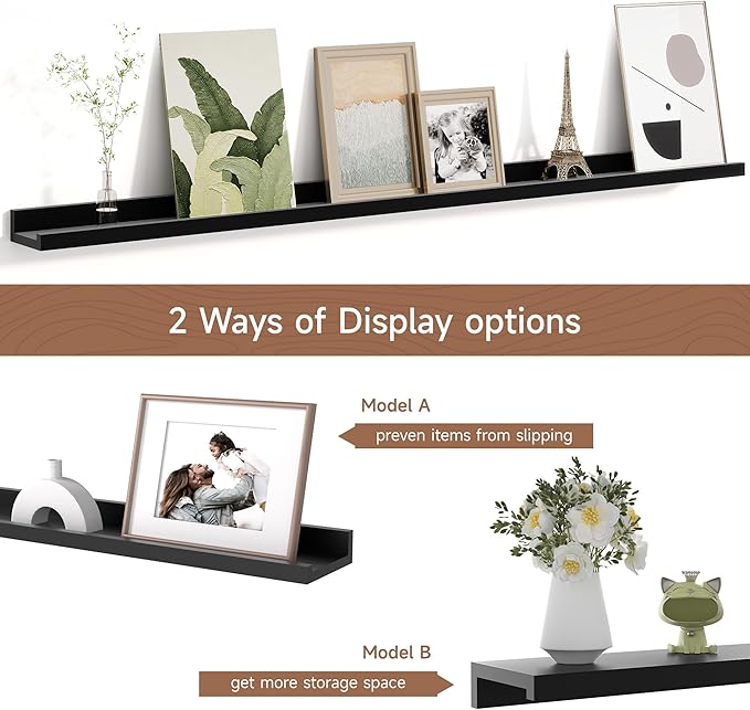 Picture Ledge Shelf for Wall, Floating Shelves Set of 4, 48 Inch Long Nursery Book Shelves for Toys Storage, Kids Bookshelf Wall Mounted for Books Photo Frames, Black-Ruum Studio Home