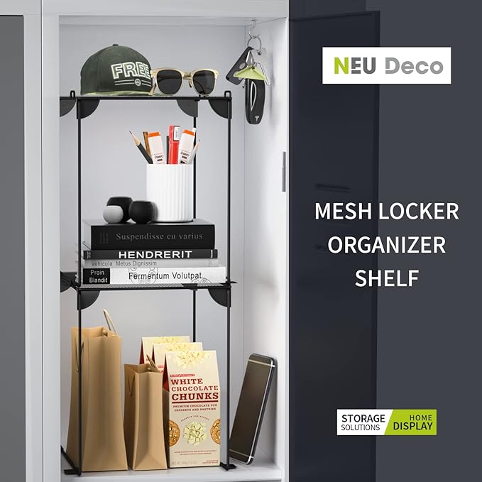Neudeco Pack 2, Mesh Locker Shelf, Stackable Extra Tall Locker Organizer, Collapsible and Metal Build, Fits Standard Size School Locker, Suitable for Work, Kitchen, Bathroom (Grey)-Ruum Studio Home