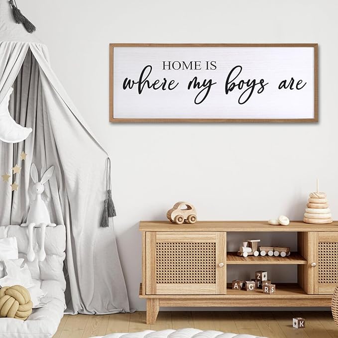 Home is Where My Boys are Sign Framed Wall Art, 32''×12'' Rustic Horizontal My Son Plaque with Natural Frame for Baby Kid Boy Son Teen Toddlers Room, Horizontal Mom of Boys Gifts Nursery Decor-Ruum Studio Home