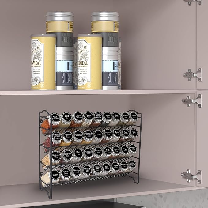 SWOMMOLY Spice Rack Organizer with 36 Empty Square Spice Jars, 396 Spice Labels with Chalk Marker and Funnel Complete Set, for Countertop, Cabinet or Wall Mount, Black-Ruum Studio Home
